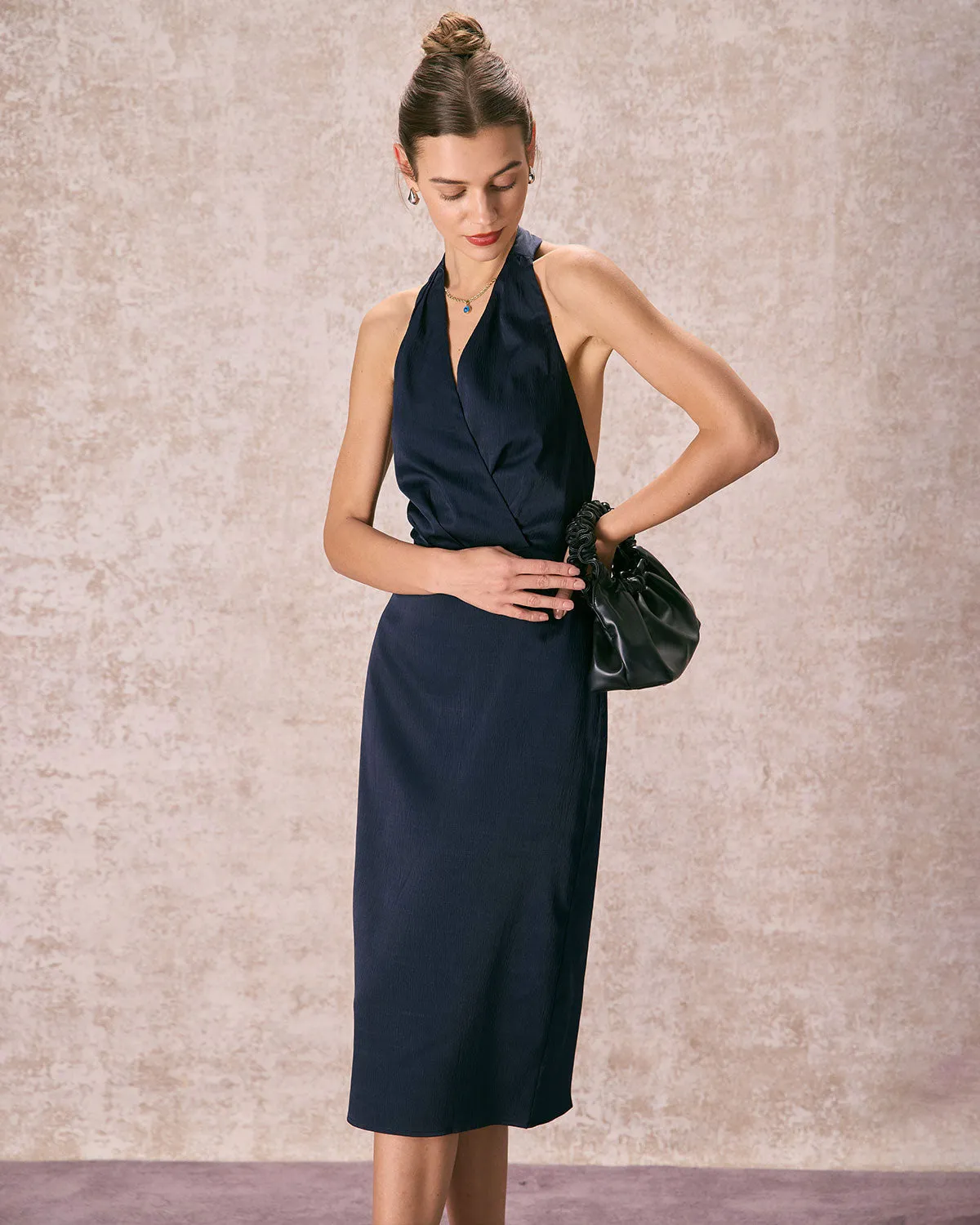 The Navy Halter Ruched Wrap Satin Midi Dress sold by rihoas product image thumbnail 5
