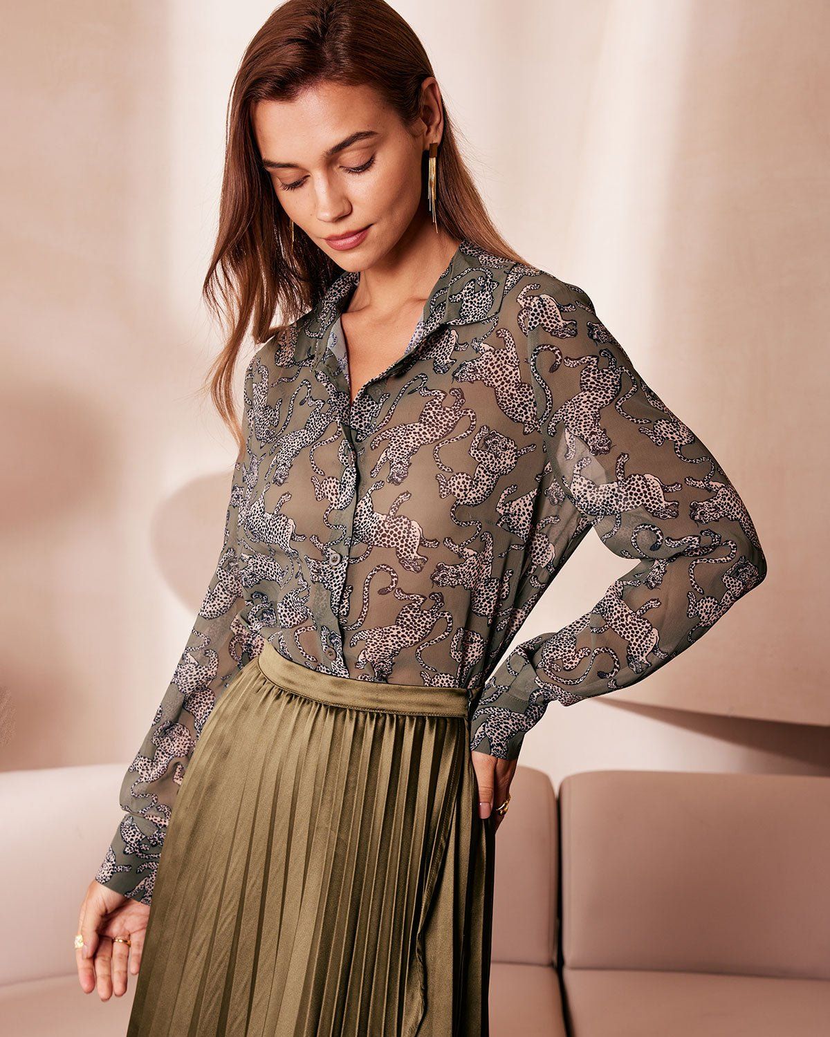 The Green Collared Cheetah Print Sheer Shirt sold by rihoas product image thumbnail 4