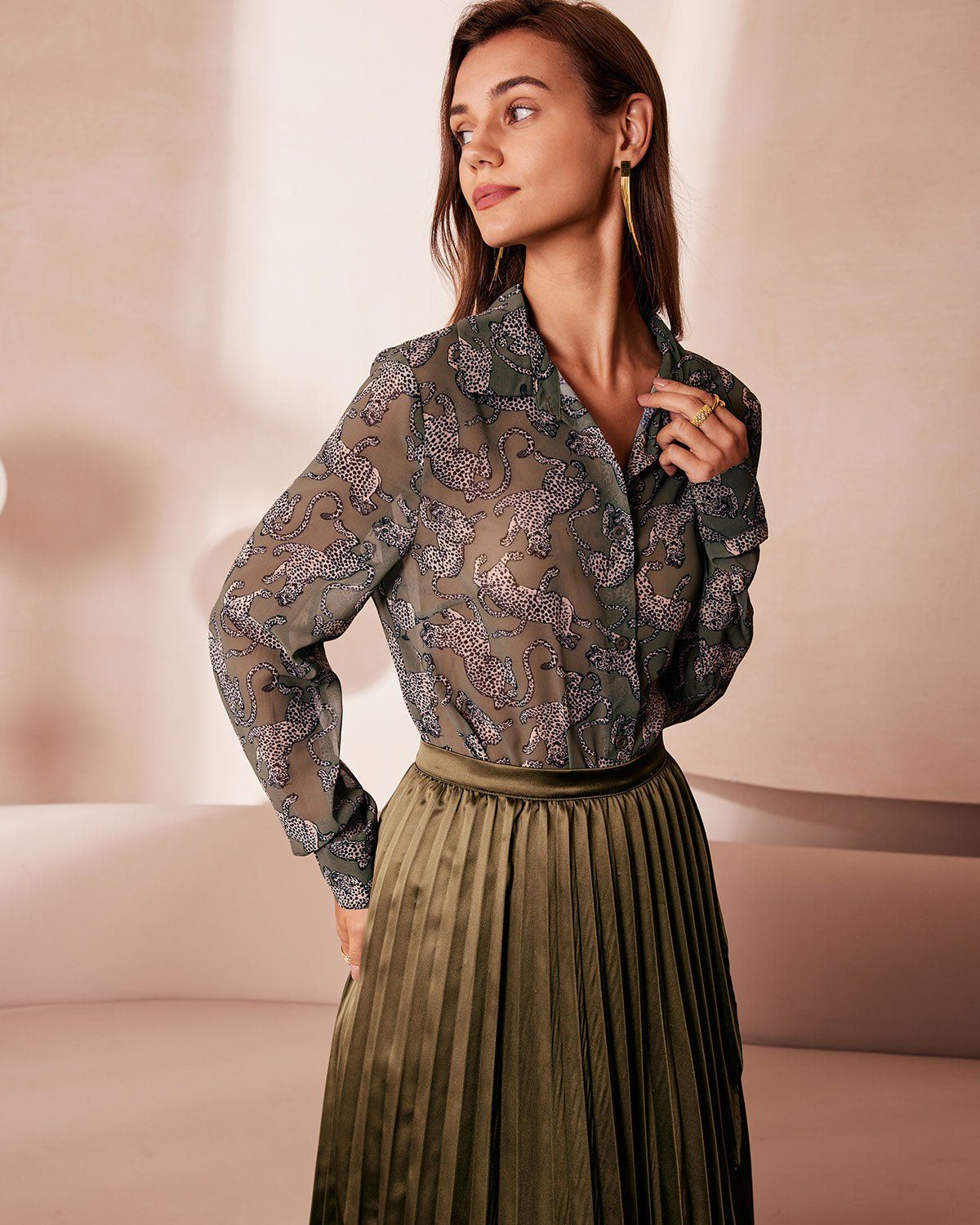 The Green Collared Cheetah Print Sheer Shirt sold by rihoas product image thumbnail 5