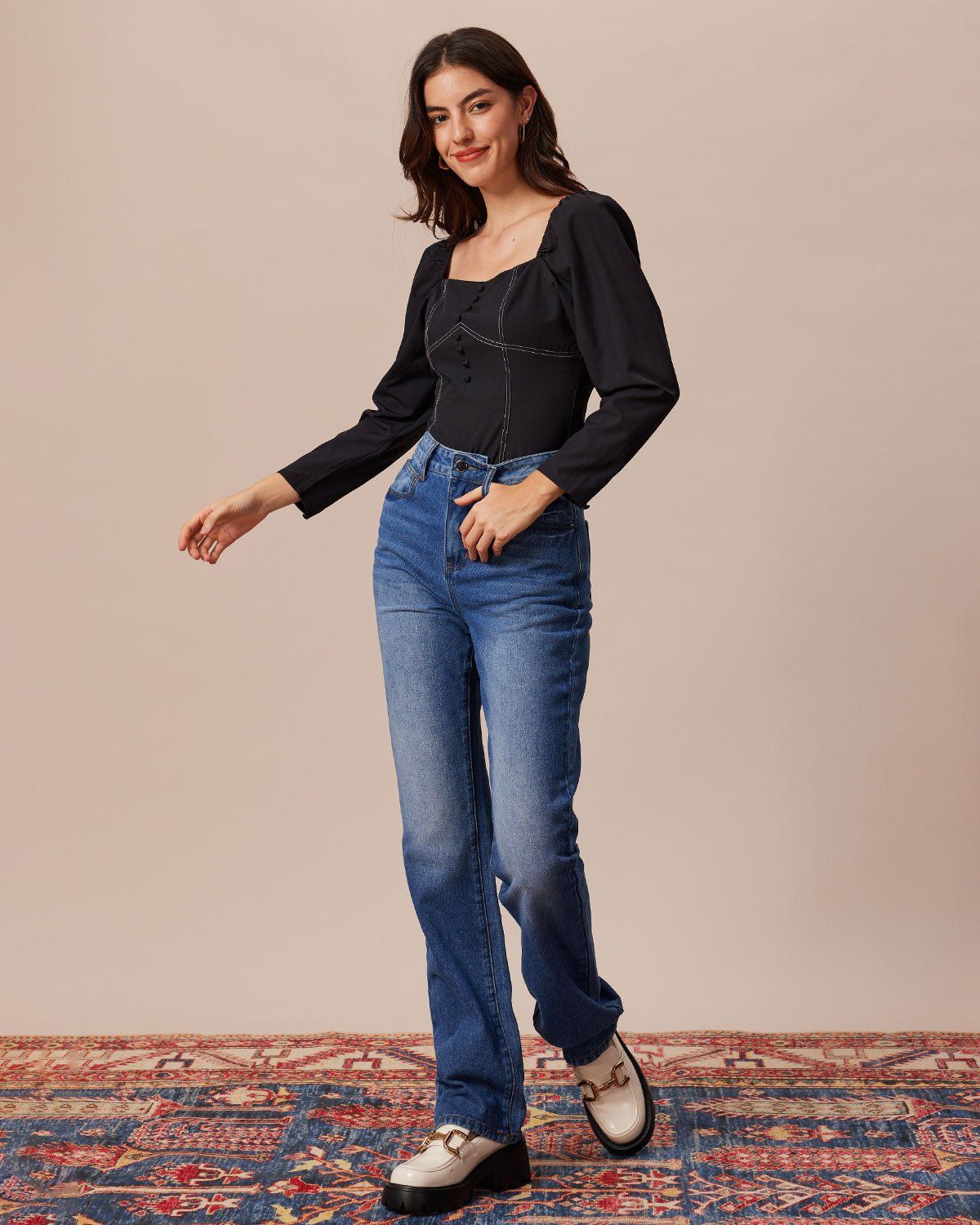 The Black Square Neck Contrast Button Blouse sold by rihoas product image thumbnail 3