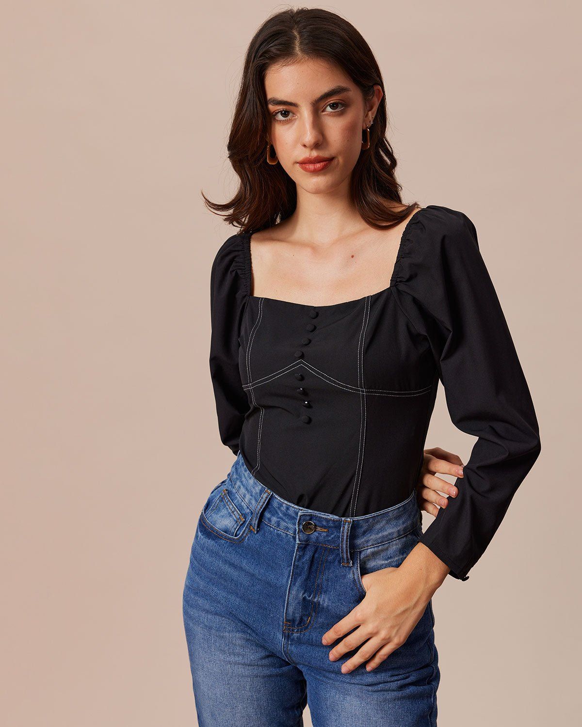 The Black Square Neck Contrast Button Blouse sold by rihoas product image thumbnail 4