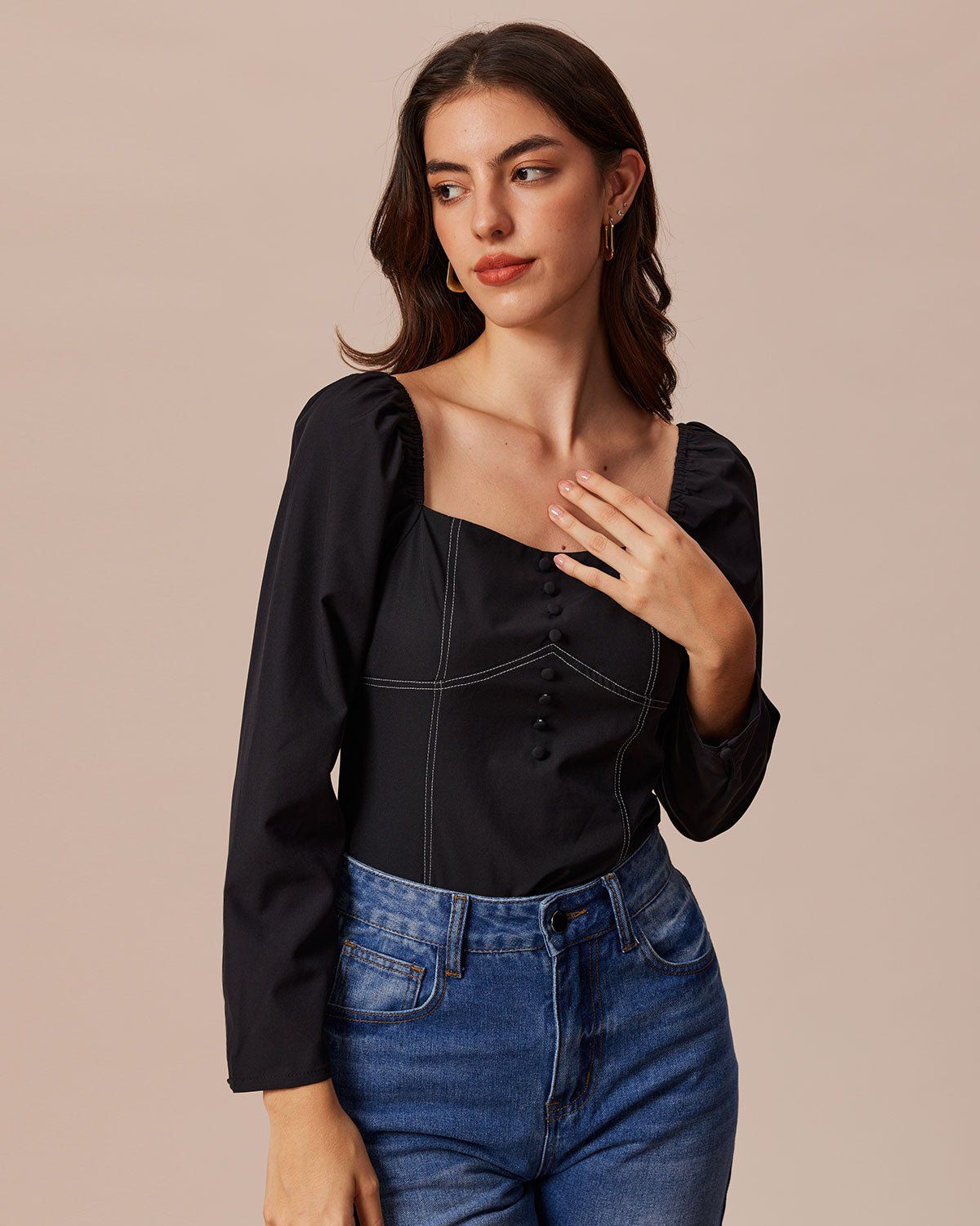 The Black Square Neck Contrast Button Blouse sold by rihoas