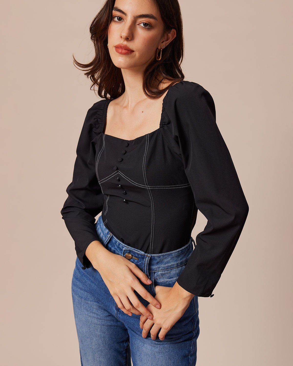 The Black Square Neck Contrast Button Blouse sold by rihoas product image thumbnail 2