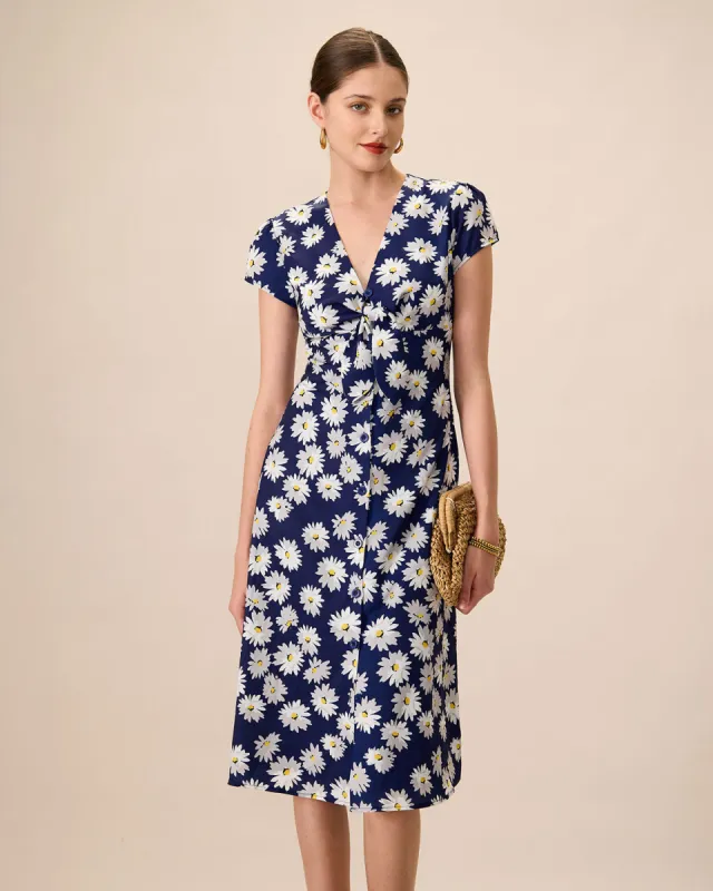 Women's Navy Button-Up Floral Midi Dresses sold by rihoas
