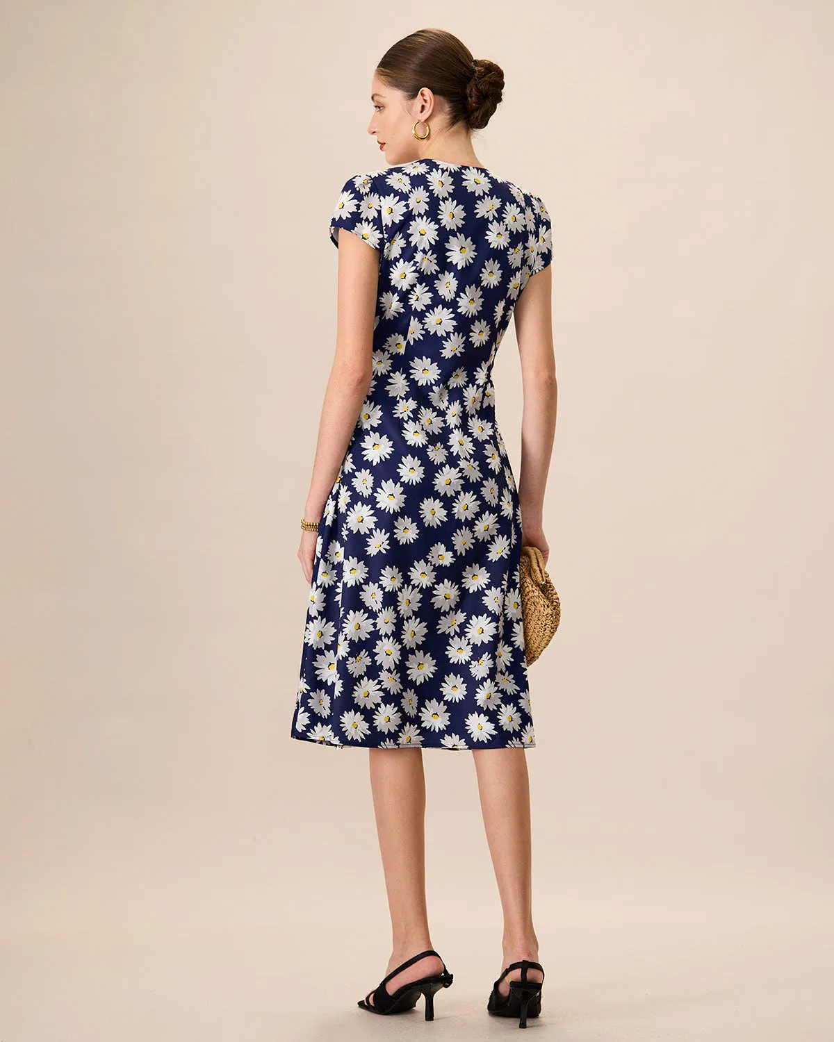 Women's Navy Button-Up Floral Midi Dresses sold by rihoas product image thumbnail 4
