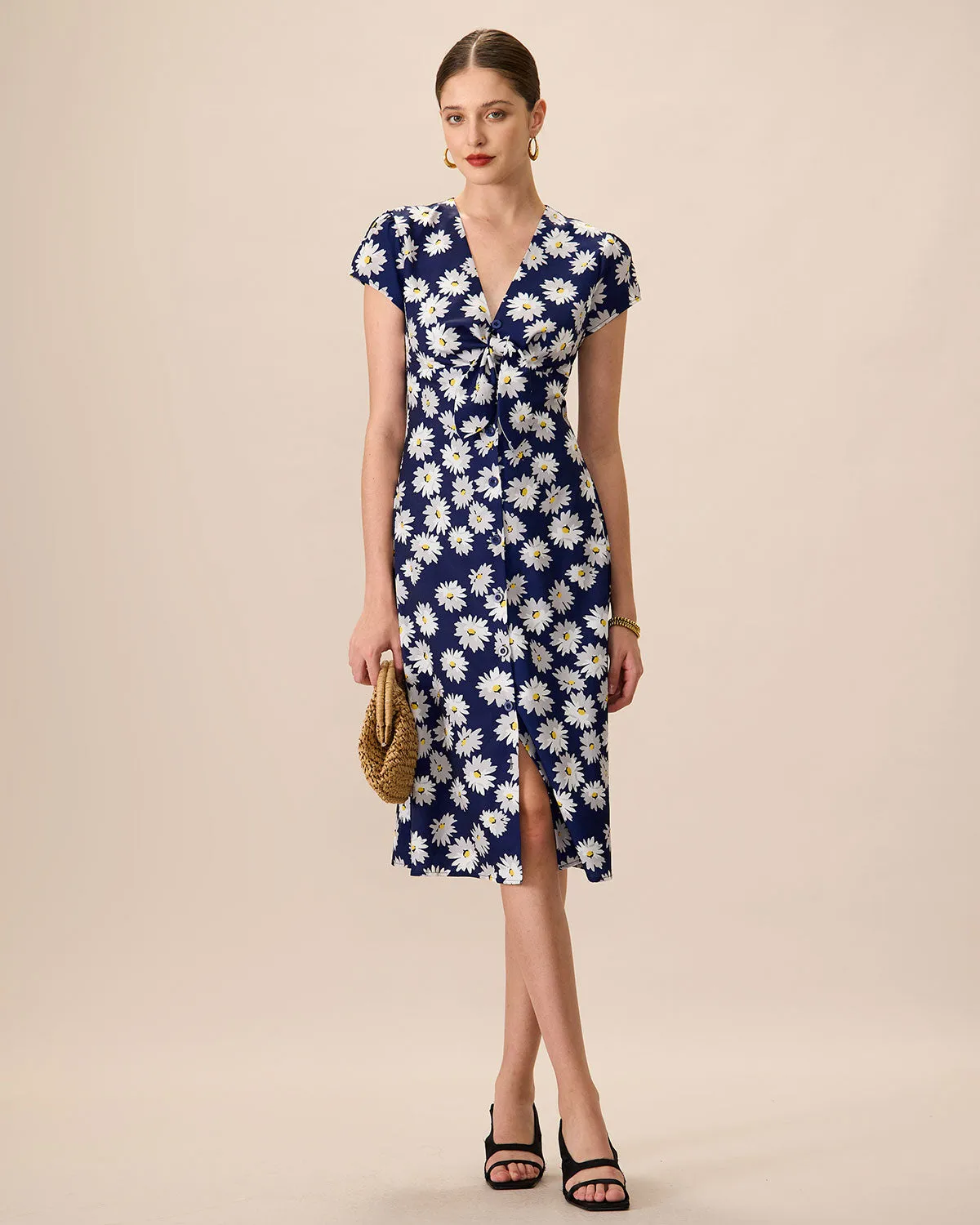 Women's Navy Button-Up Floral Midi Dresses sold by rihoas product image thumbnail 3