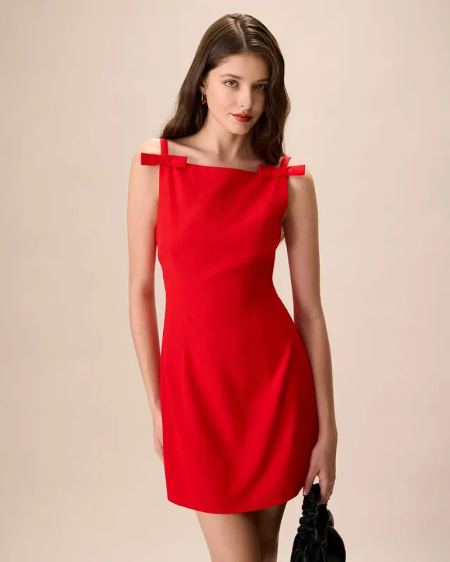 Women's Red Boat Neck Bowknot Mini Dress sold by rihoas