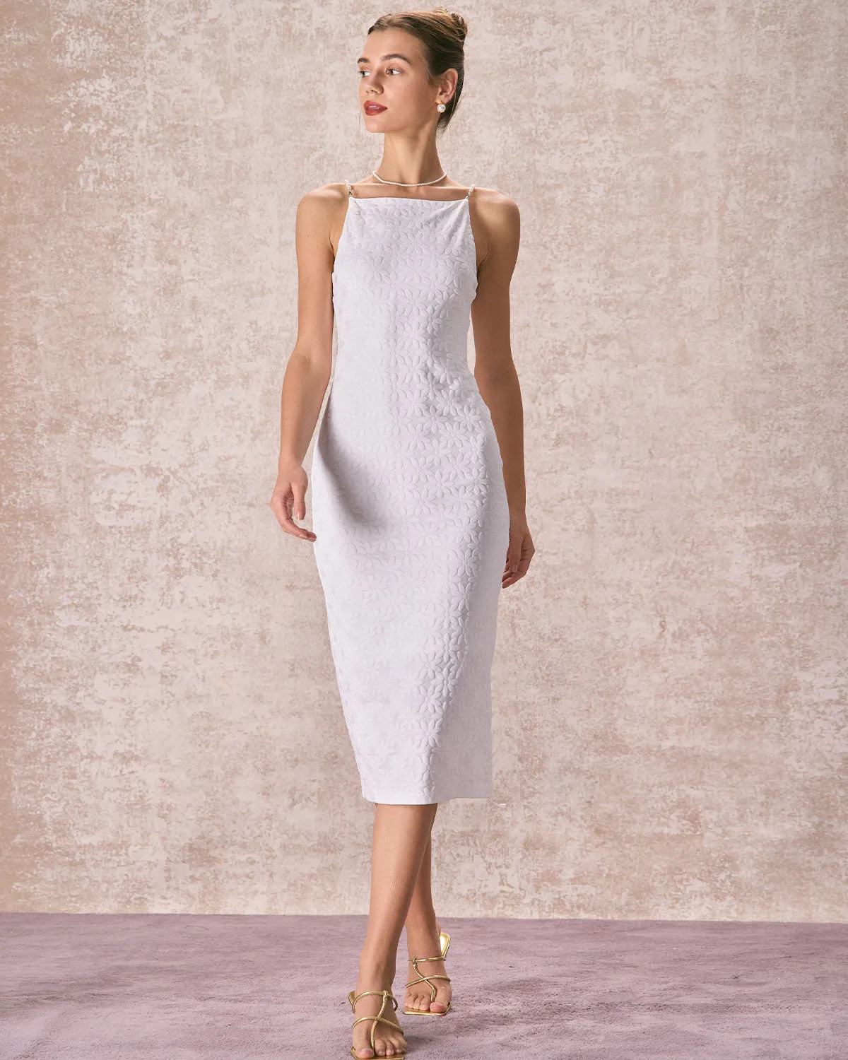 The White Floral Textured Pearl Slip Midi Dress sold by rihoas product image thumbnail 5