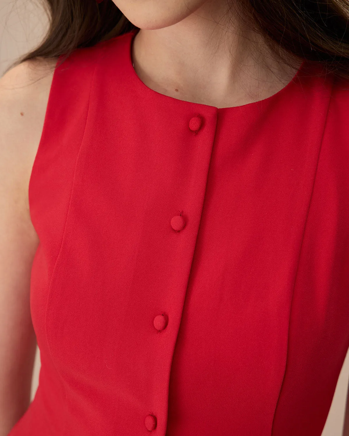 The Red Round Neck Button Mini Dress sold by rihoas product image thumbnail 2