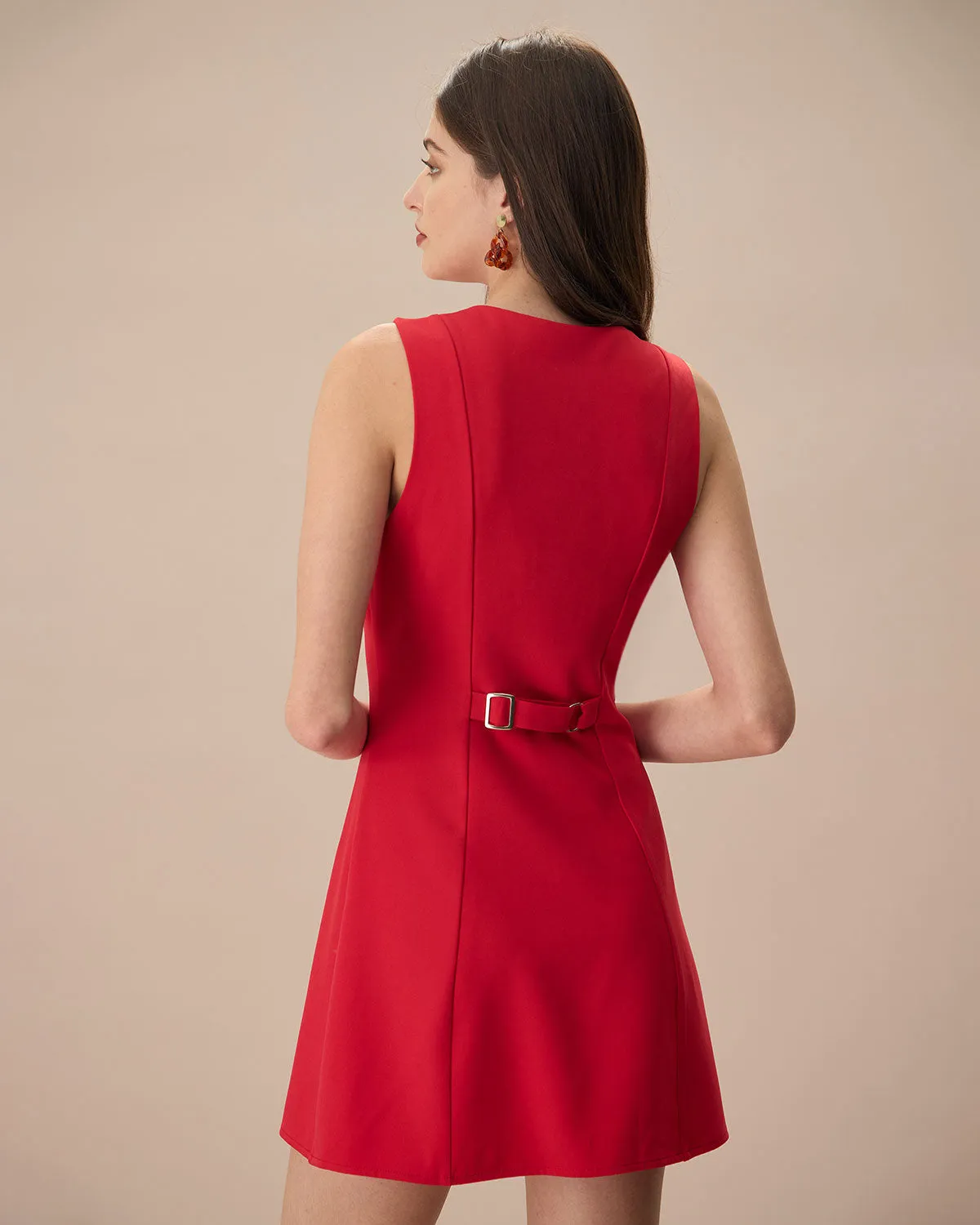 The Red Round Neck Button Mini Dress sold by rihoas product image thumbnail 5
