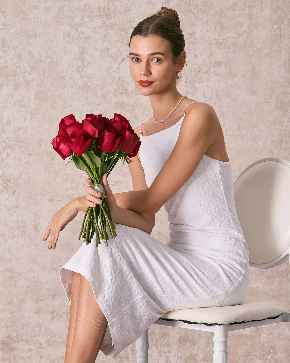 The White Floral Textured Pearl Slip Midi Dress sold by rihoas product image thumbnail 3