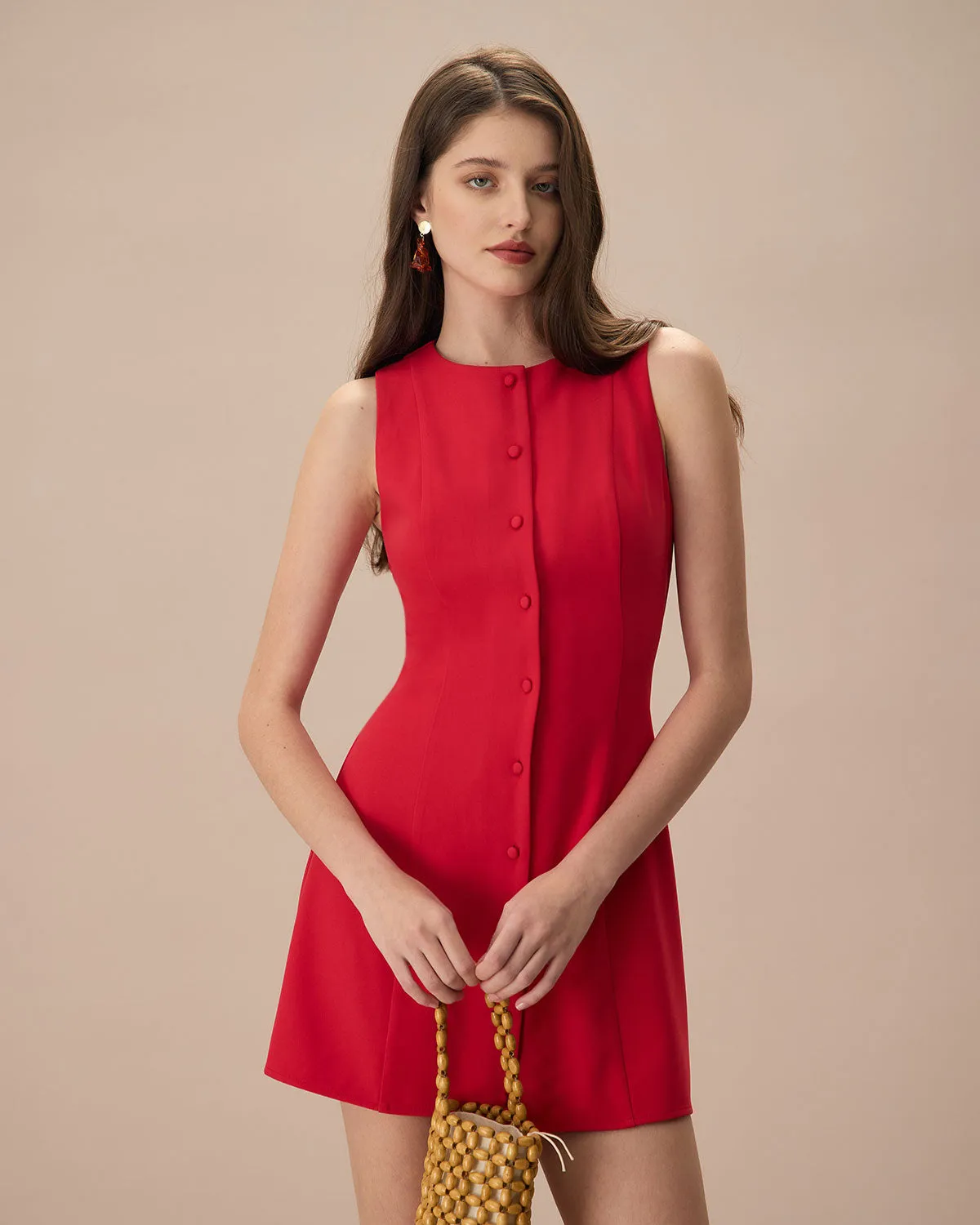 The Red Round Neck Button Mini Dress sold by rihoas
