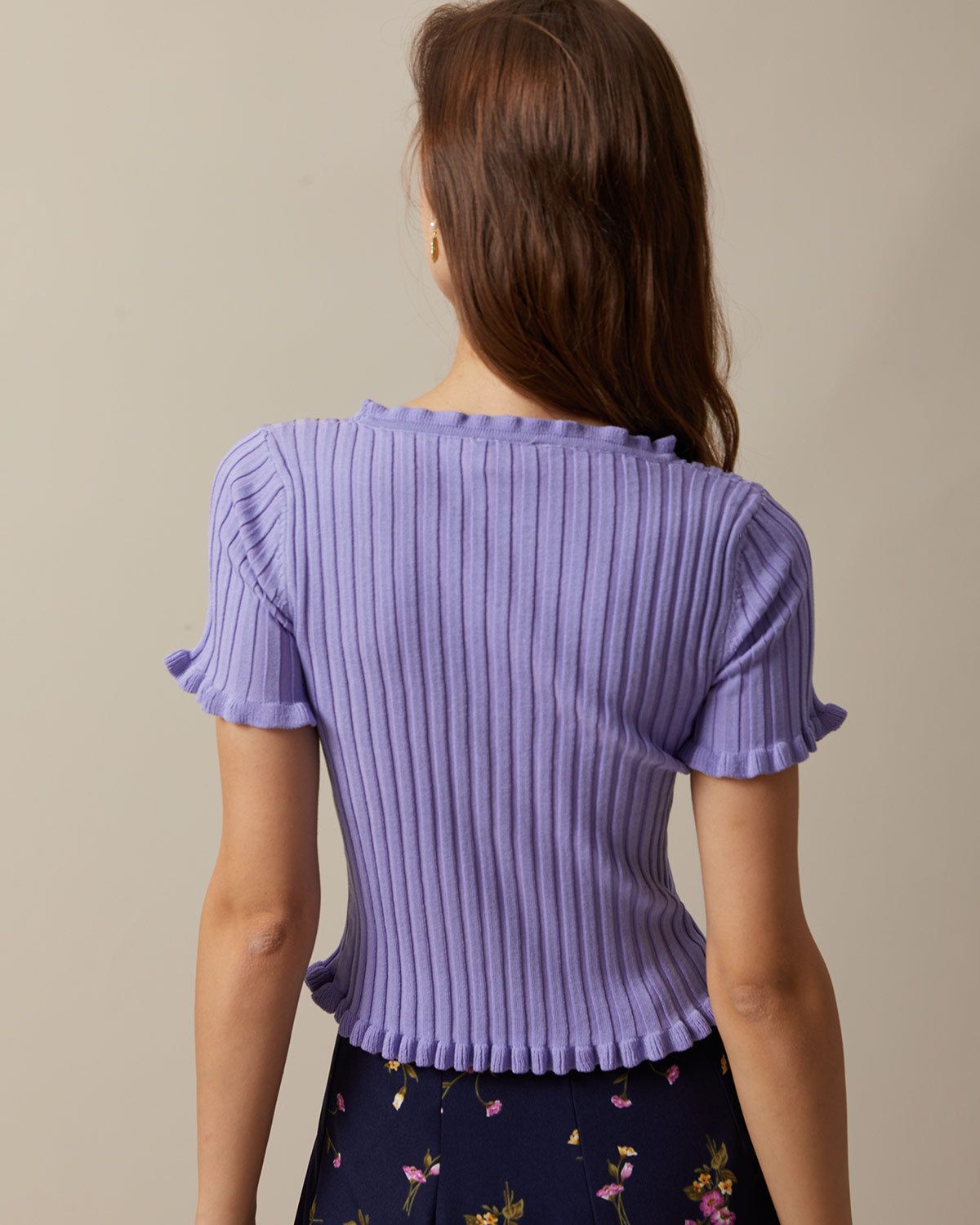 The Purple V Neck Frill Trim Knit Top sold by rihoas product image thumbnail 6