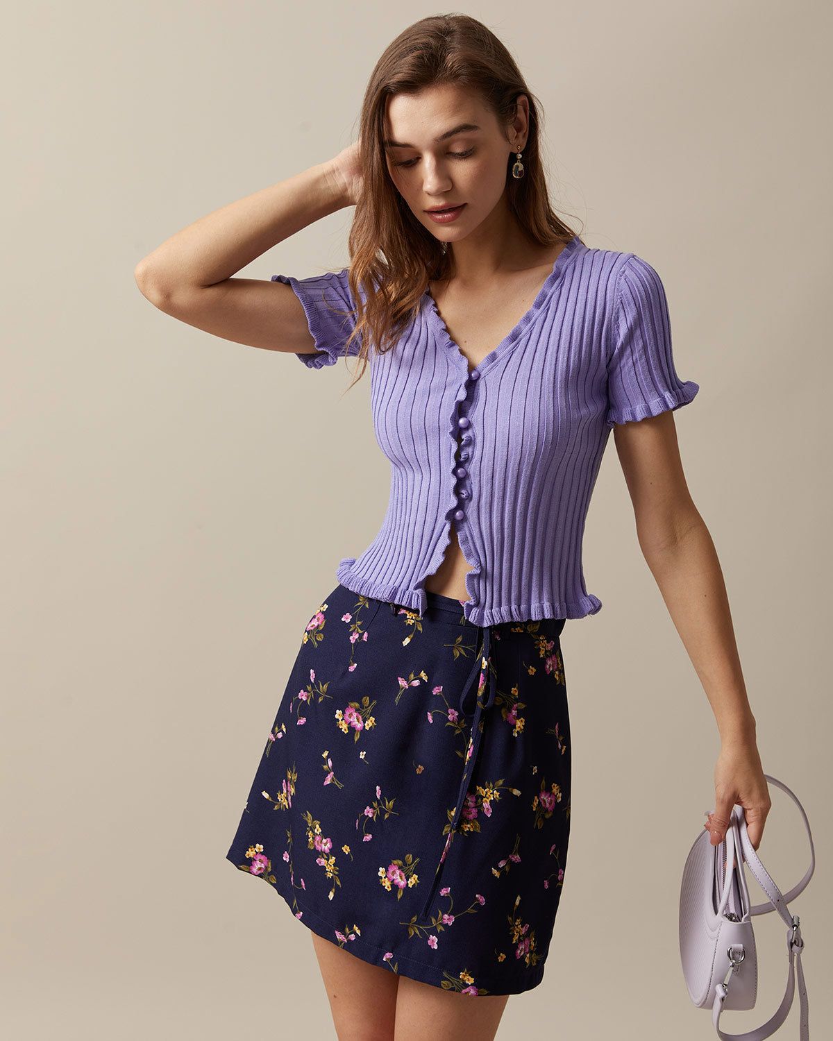 The Purple V Neck Frill Trim Knit Top sold by rihoas product image thumbnail 3