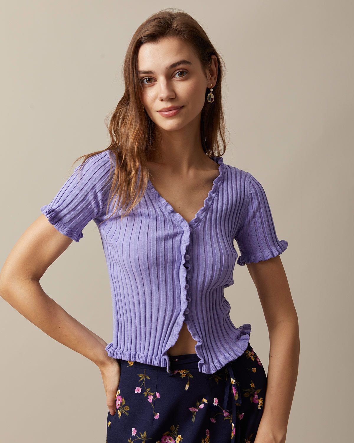 The Purple V Neck Frill Trim Knit Top sold by rihoas
