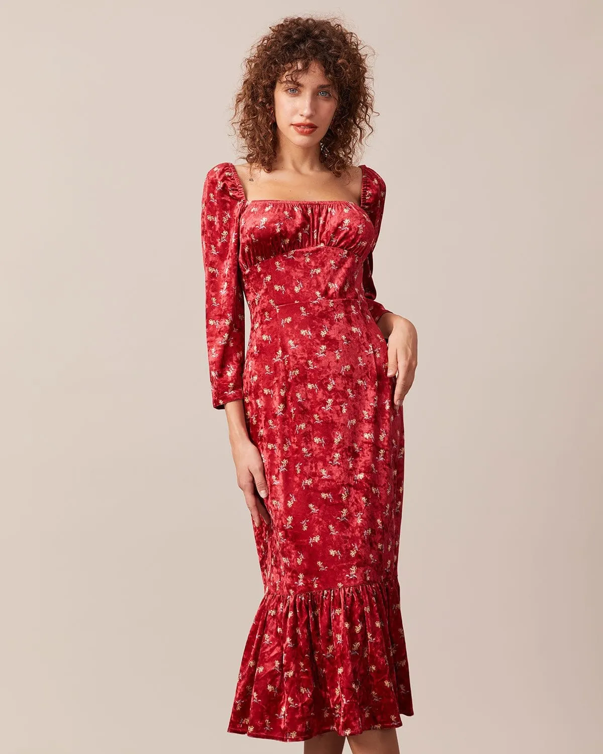 The Red Square Neck Floral Velvet Midi Dress sold by rihoas
