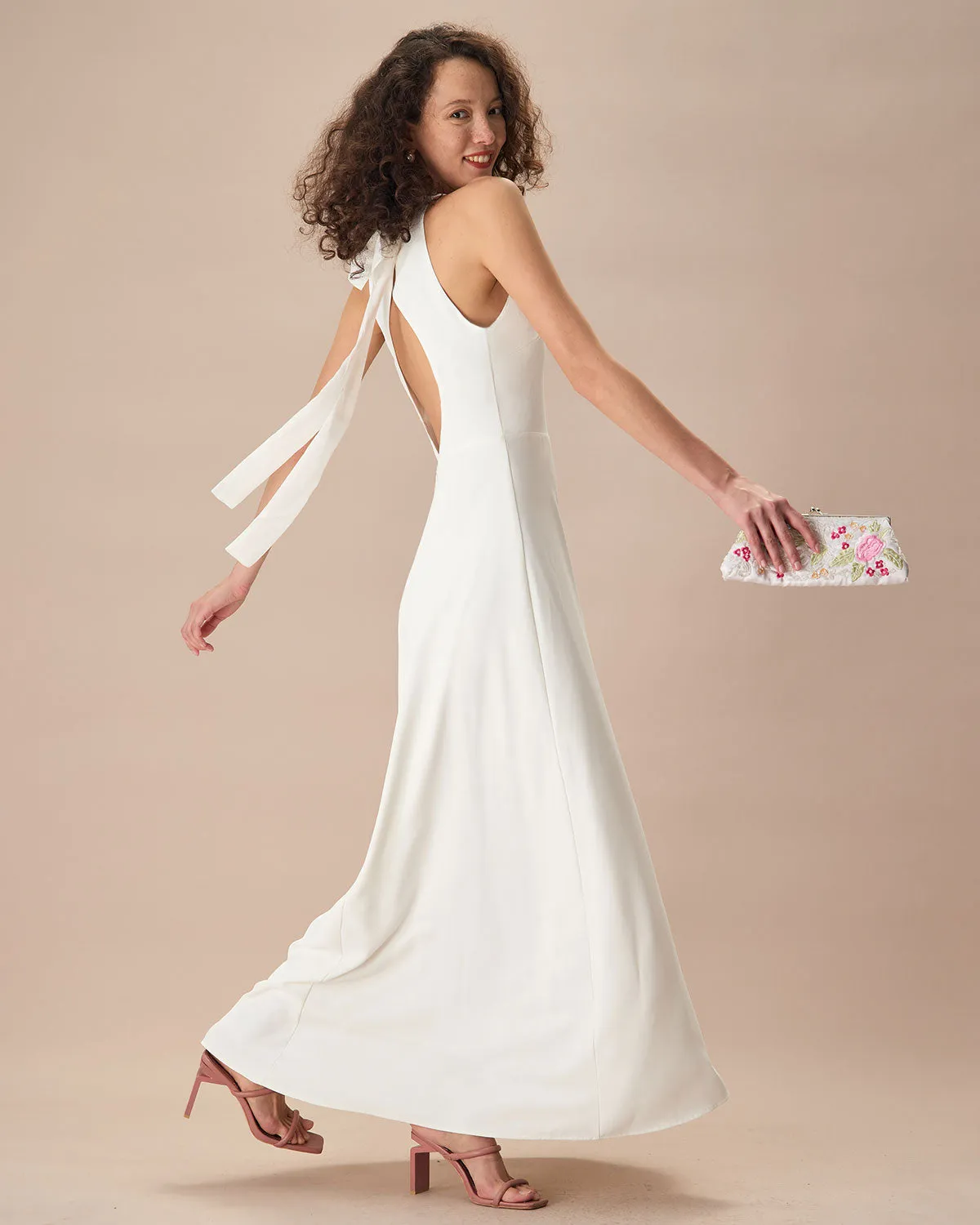 The White Bowknot Halter Maxi Dress sold by rihoas product image thumbnail 3