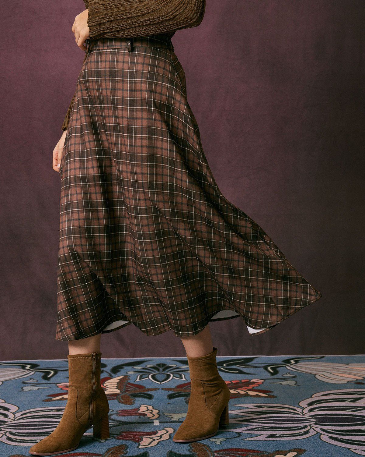 The Coffee High Waisted Plaid A Line Midi Skirt sold by rihoas product image thumbnail 4
