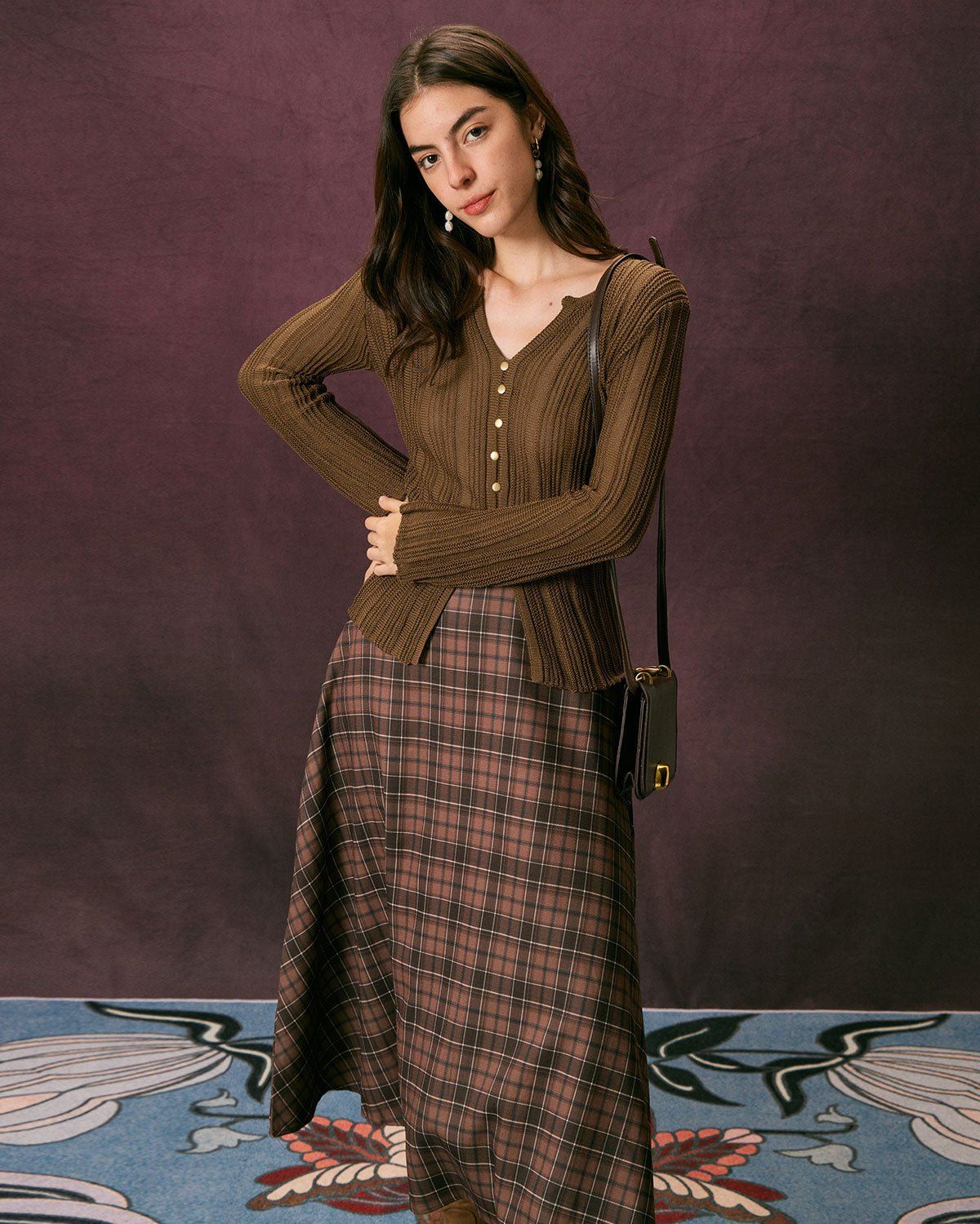 The Coffee High Waisted Plaid A Line Midi Skirt sold by rihoas product image thumbnail 2