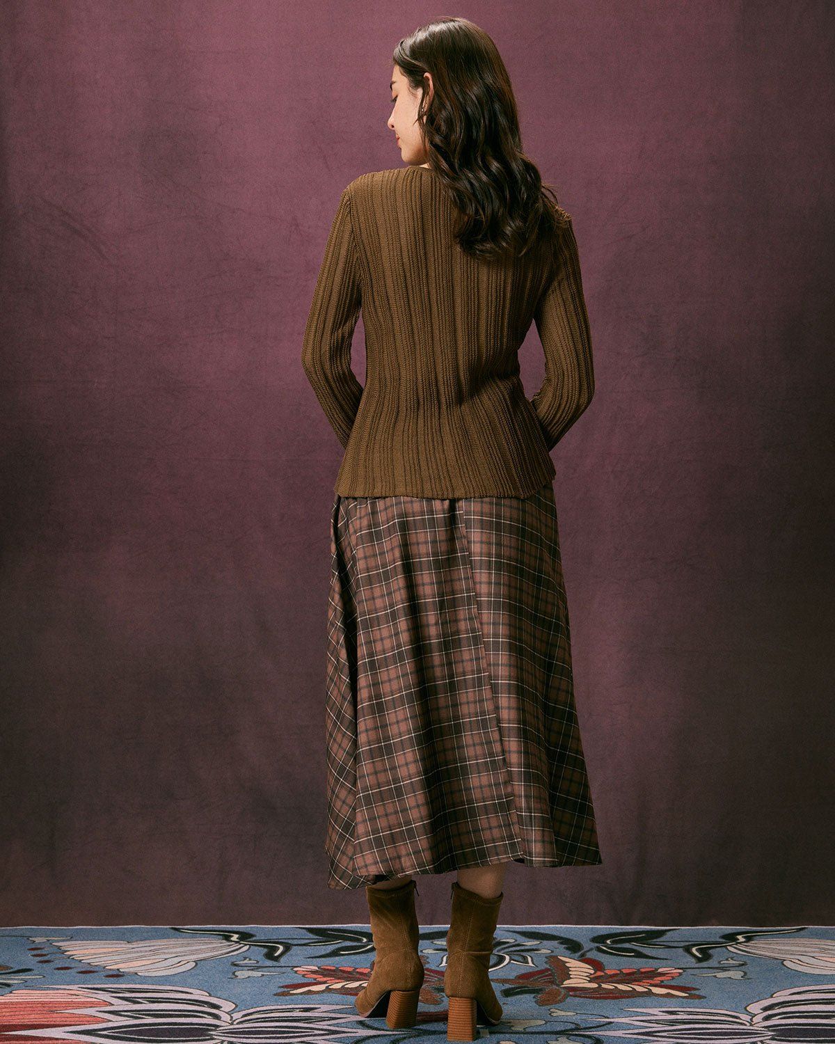 The Coffee High Waisted Plaid A Line Midi Skirt sold by rihoas product image thumbnail 5