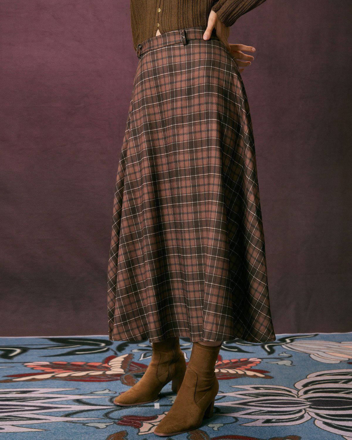 The Coffee High Waisted Plaid A Line Midi Skirt sold by rihoas