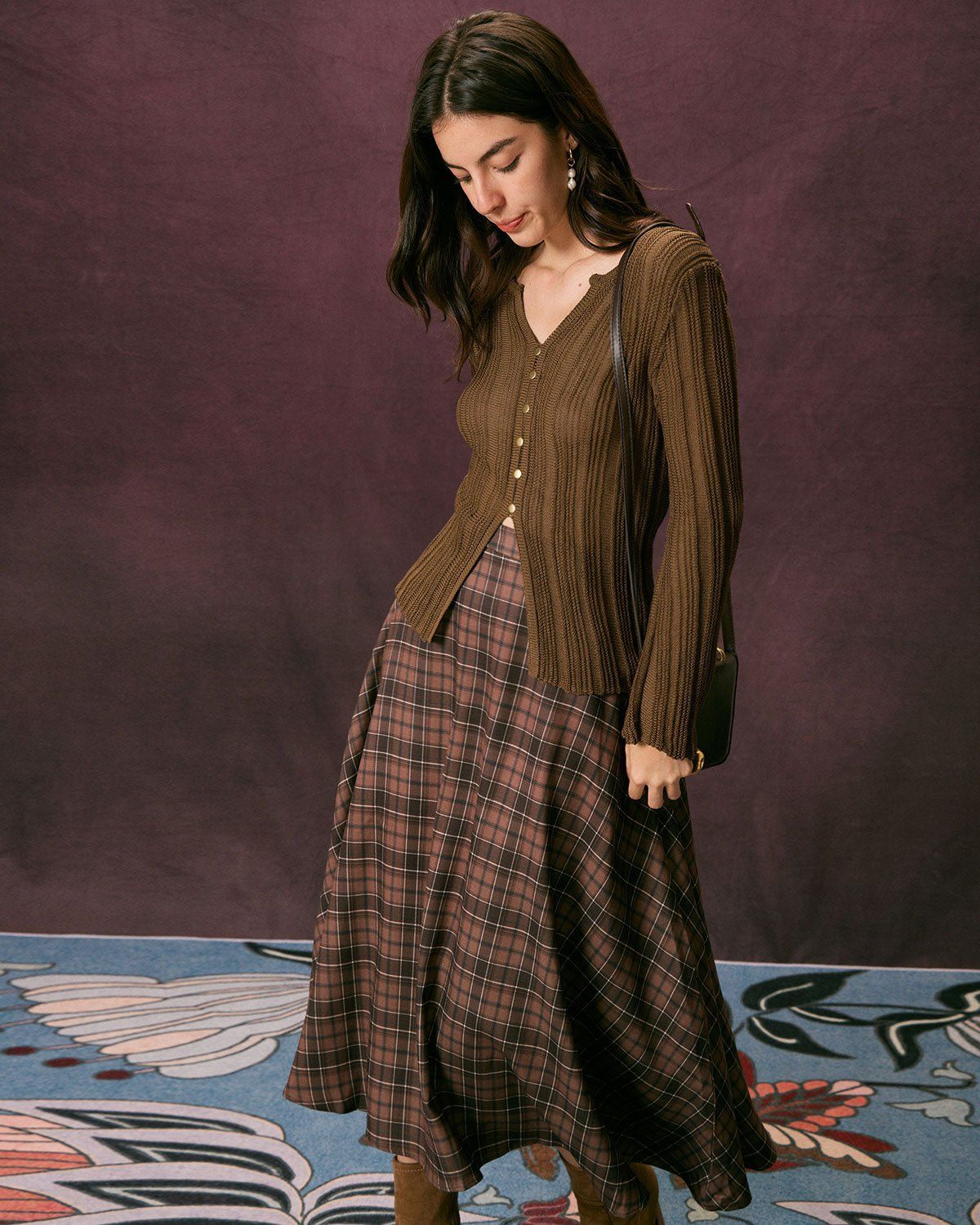 The Coffee High Waisted Plaid A Line Midi Skirt sold by rihoas product image thumbnail 3