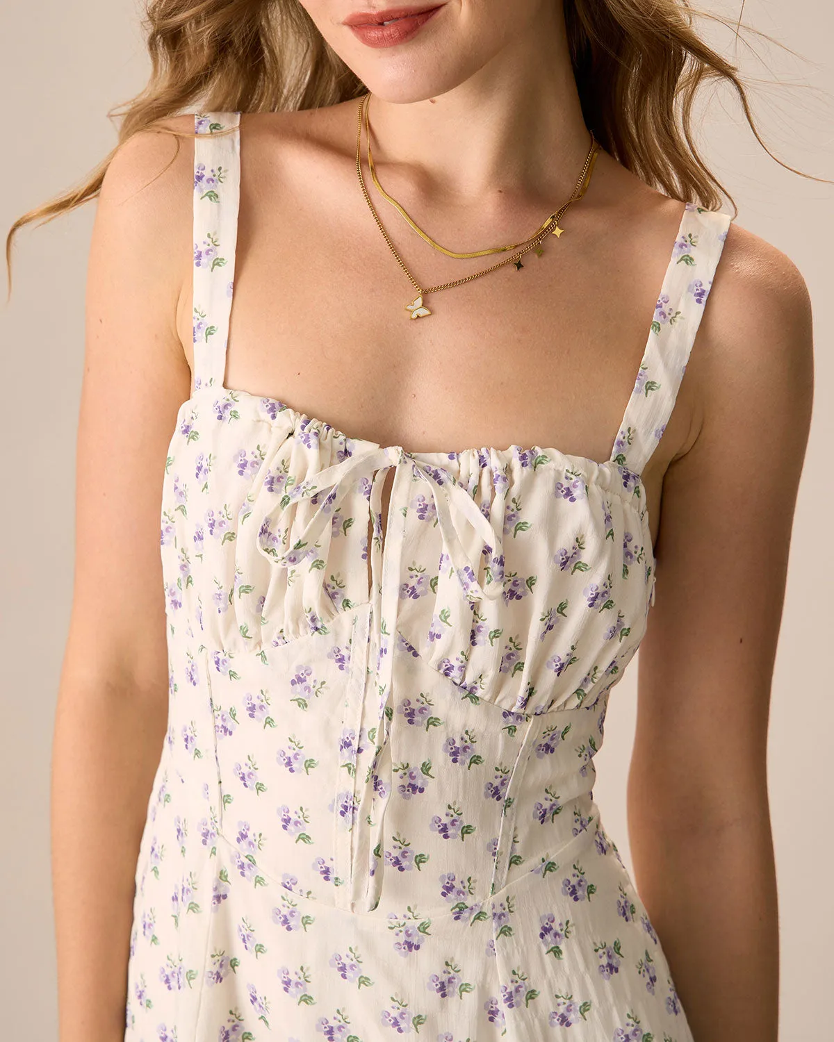 The Beige Ruched Split Hem Floral Midi Dress sold by rihoas product image thumbnail 2