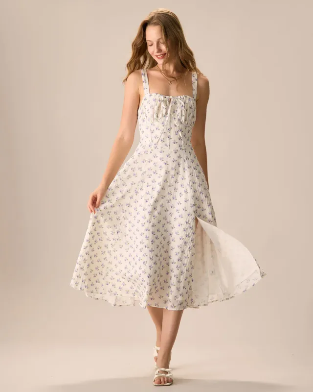The Beige Ruched Split Hem Floral Midi Dress sold by rihoas