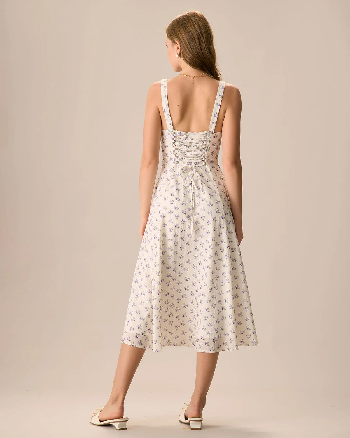 The Beige Ruched Split Hem Floral Midi Dress sold by rihoas product image thumbnail 5