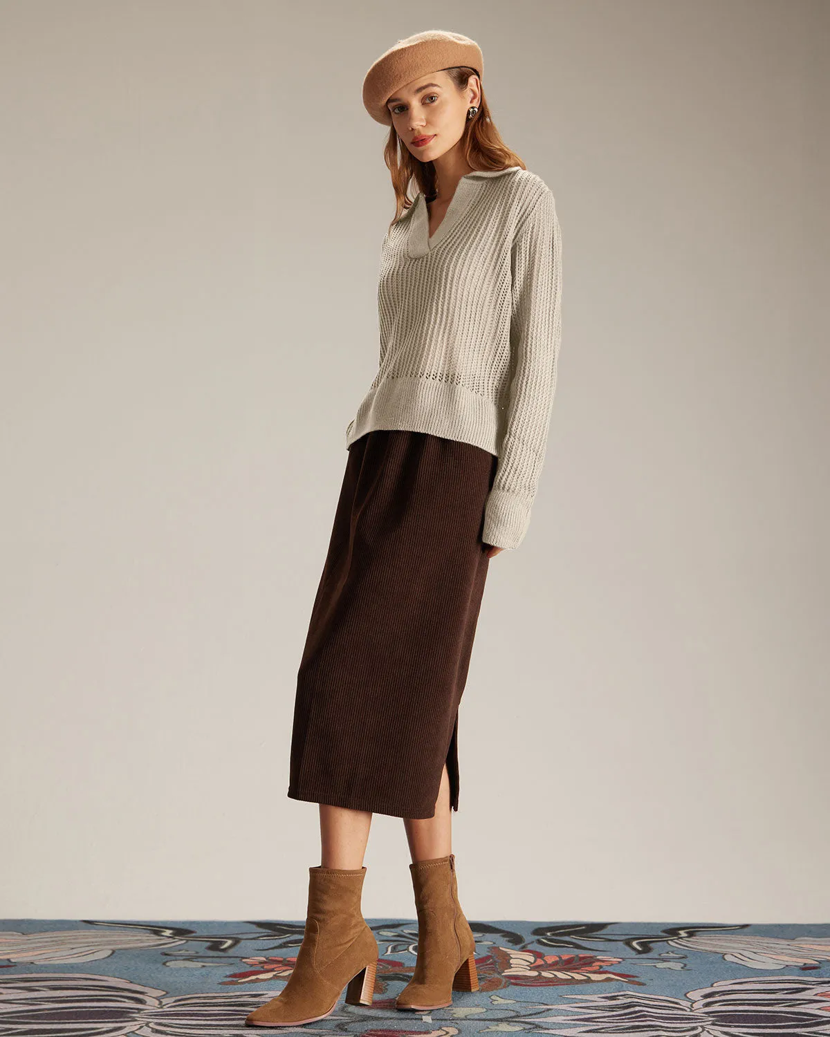 The Apricot V Neck Pointelle Ribbed Sweater sold by rihoas product image thumbnail 3