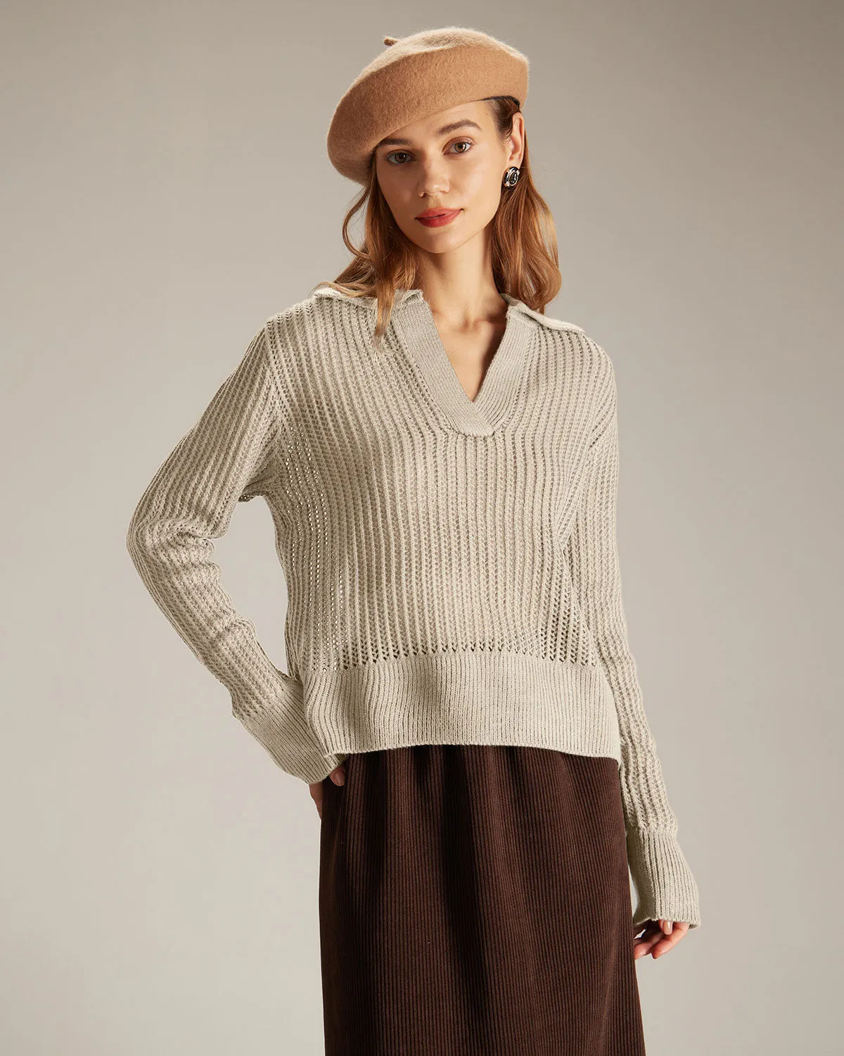 The Apricot V Neck Pointelle Ribbed Sweater sold by rihoas