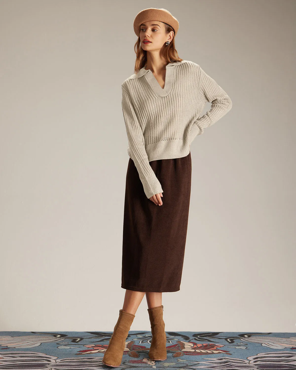The Apricot V Neck Pointelle Ribbed Sweater sold by rihoas product image thumbnail 2
