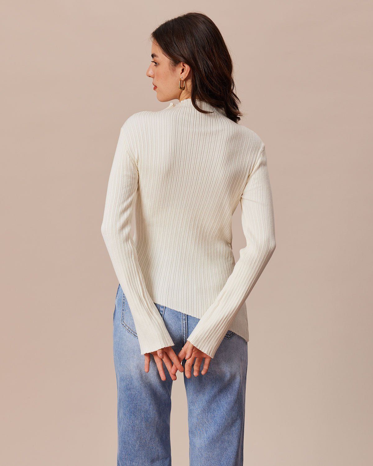 The White Mock Neck Irregular Hem Knit Top sold by rihoas product image thumbnail 5