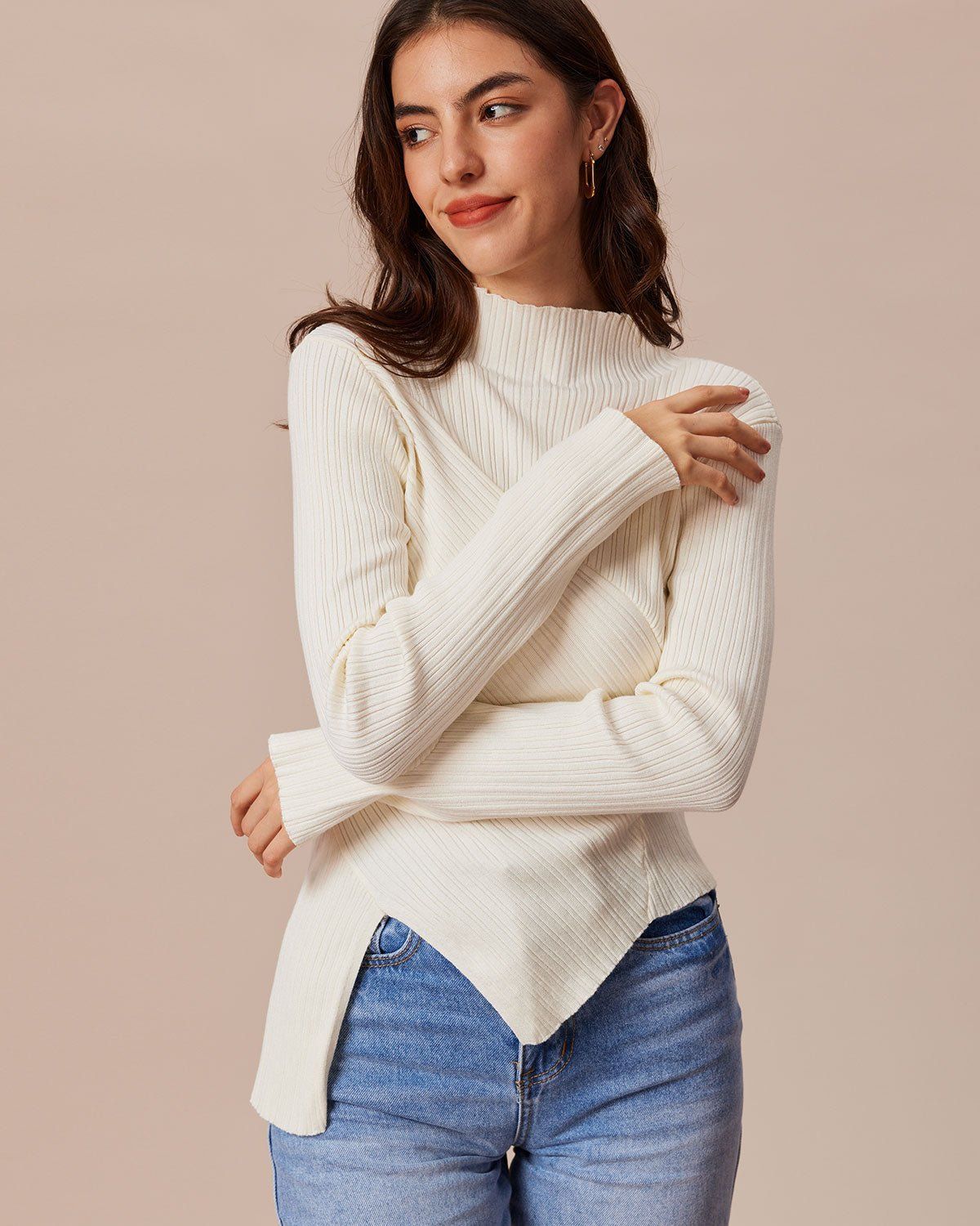 The White Mock Neck Irregular Hem Knit Top sold by rihoas