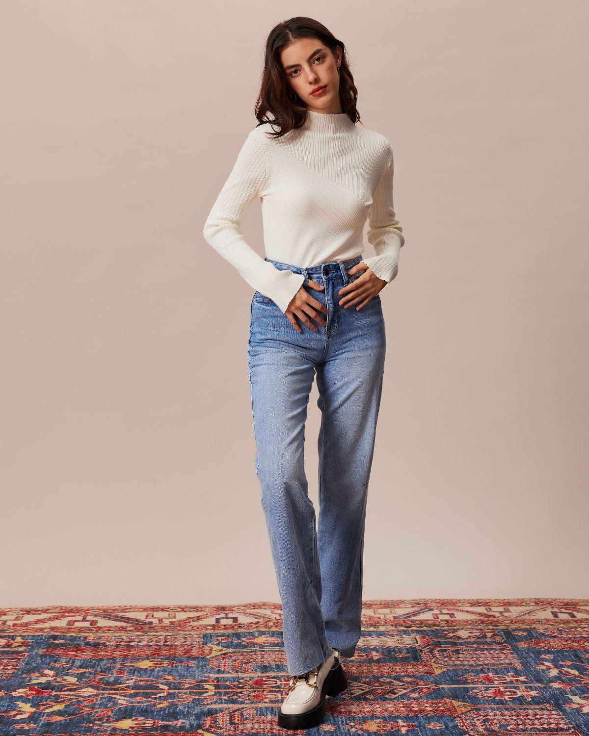 The White Mock Neck Irregular Hem Knit Top sold by rihoas product image thumbnail 6