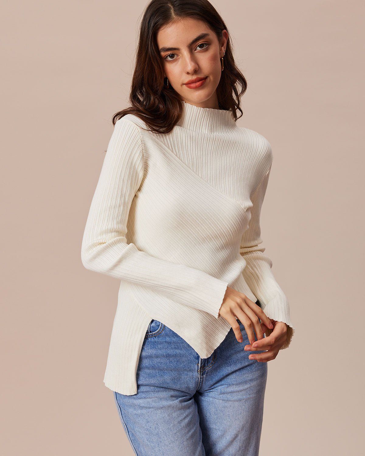 The White Mock Neck Irregular Hem Knit Top sold by rihoas product image thumbnail 2
