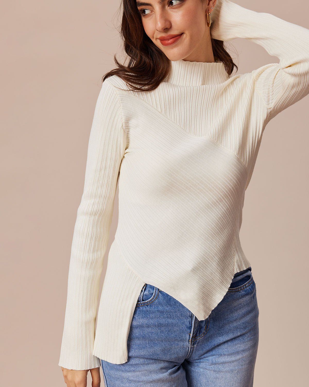 The White Mock Neck Irregular Hem Knit Top sold by rihoas product image thumbnail 3