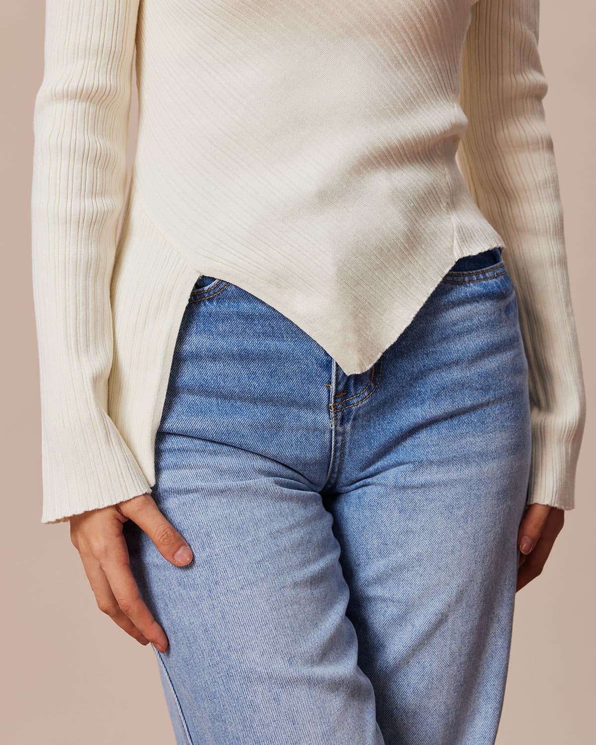 The White Mock Neck Irregular Hem Knit Top sold by rihoas product image thumbnail 4