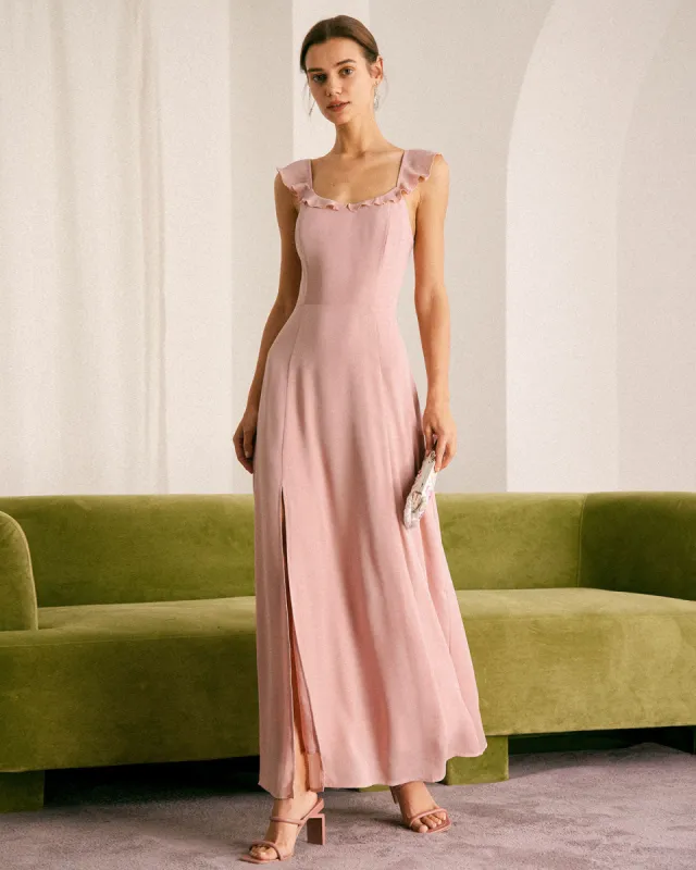 The Pink Ruffled Sleeveless Slit Maxi Dress sold by rihoas