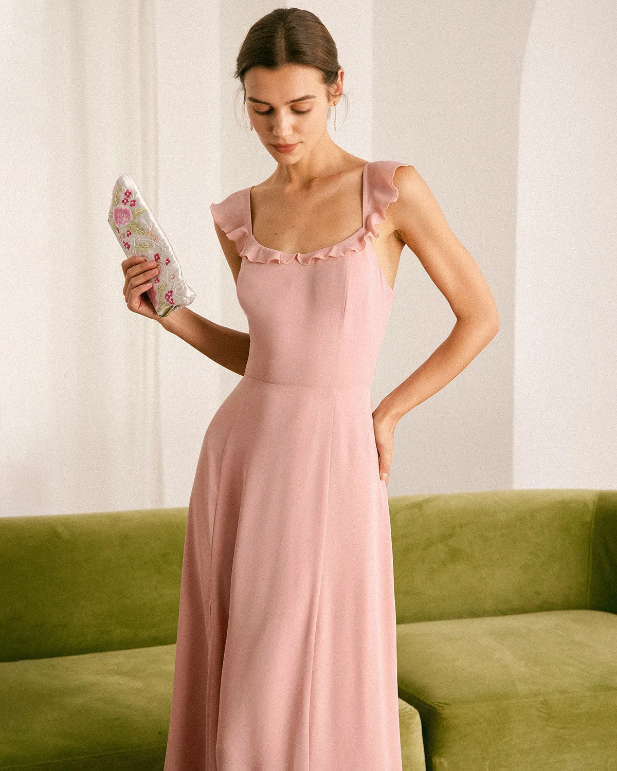 The Pink Ruffled Sleeveless Slit Maxi Dress sold by rihoas product image thumbnail 4