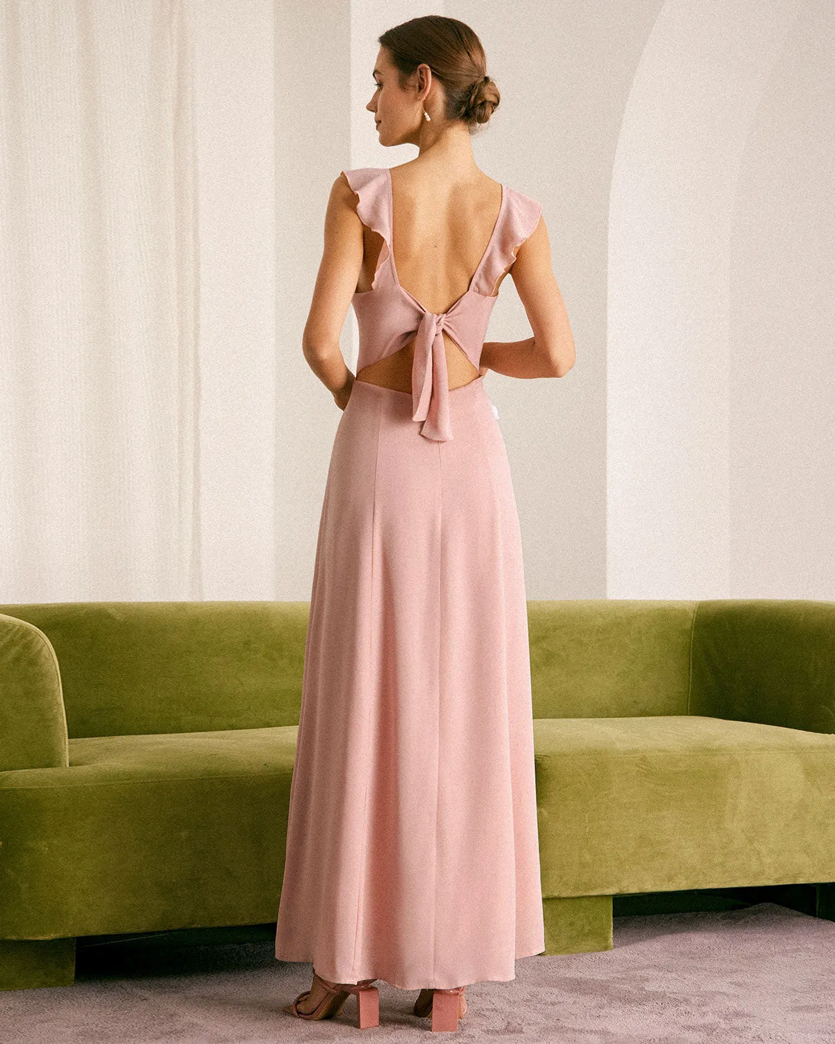 The Pink Ruffled Sleeveless Slit Maxi Dress sold by rihoas product image thumbnail 3