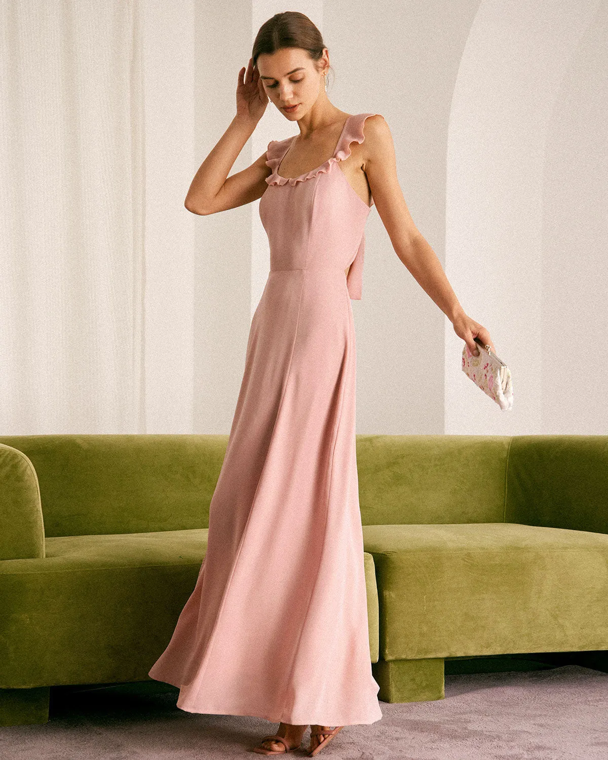 The Pink Ruffled Sleeveless Slit Maxi Dress sold by rihoas product image thumbnail 5