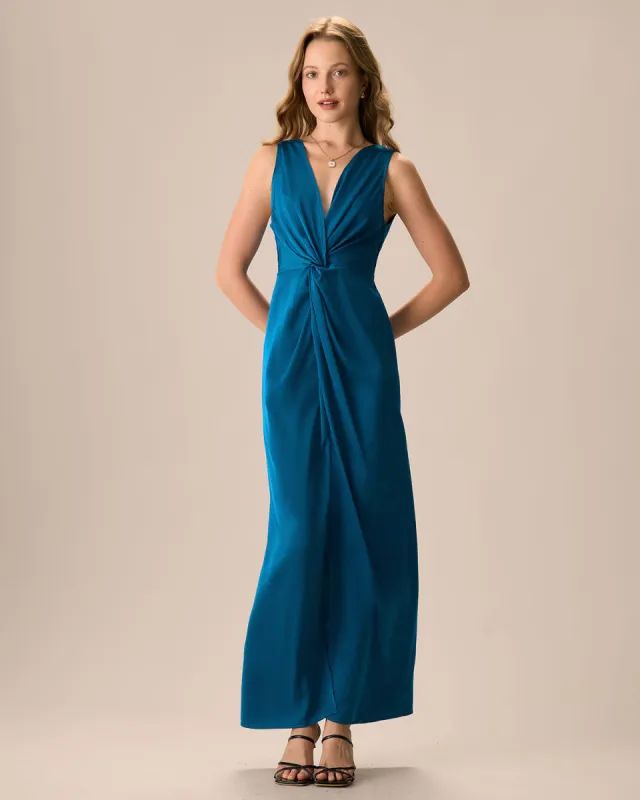 Women's Blue Twist Ruched Slit Satin Maxi Dress sold by rihoas