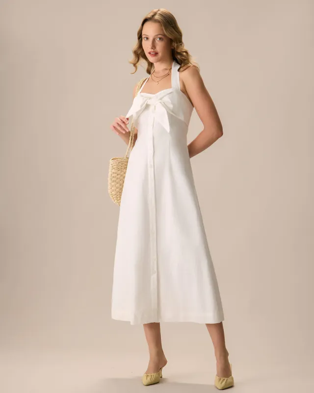 The White Sweetheart Neck Ruched Button Maxi Dress sold by rihoas