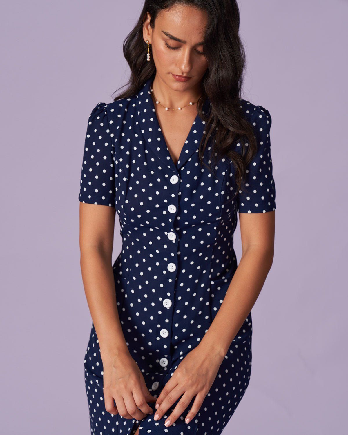The Navy Lapel Polka Dot Button Midi Dress sold by rihoas product image thumbnail 5