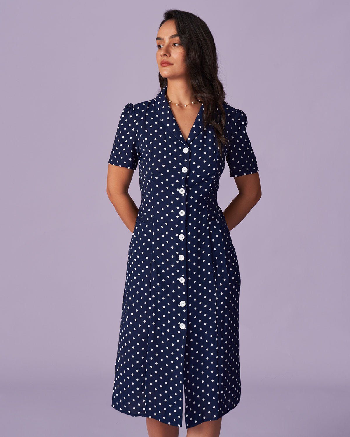 The Navy Lapel Polka Dot Button Midi Dress sold by rihoas product image thumbnail 2