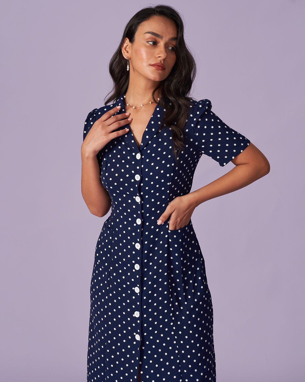 The Navy Lapel Polka Dot Button Midi Dress sold by rihoas product image thumbnail 3