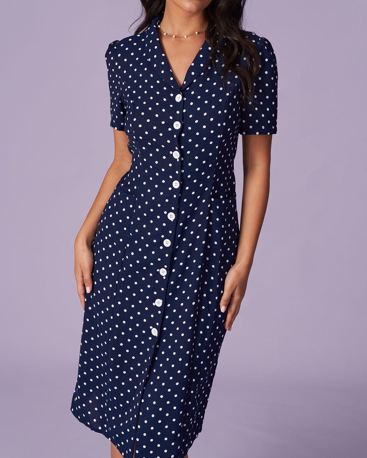 The Navy Lapel Polka Dot Button Midi Dress sold by rihoas product image thumbnail 4