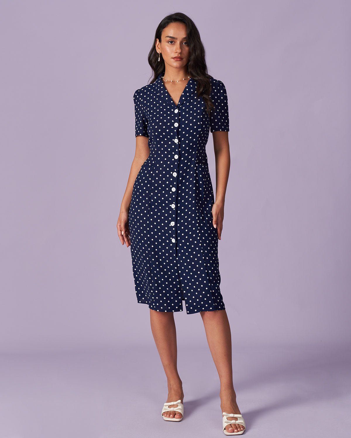 The Navy Lapel Polka Dot Button Midi Dress sold by rihoas