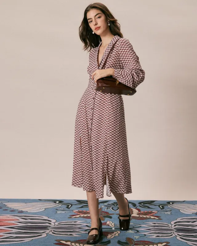 The Brick Red Lapel Geometric Shirt Midi Dress sold by rihoas